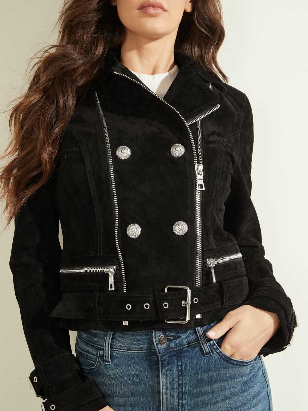 Black Multicolor Women's Guess Olivia Suede Moto Jackets Australia Sale | 056BFSQRW