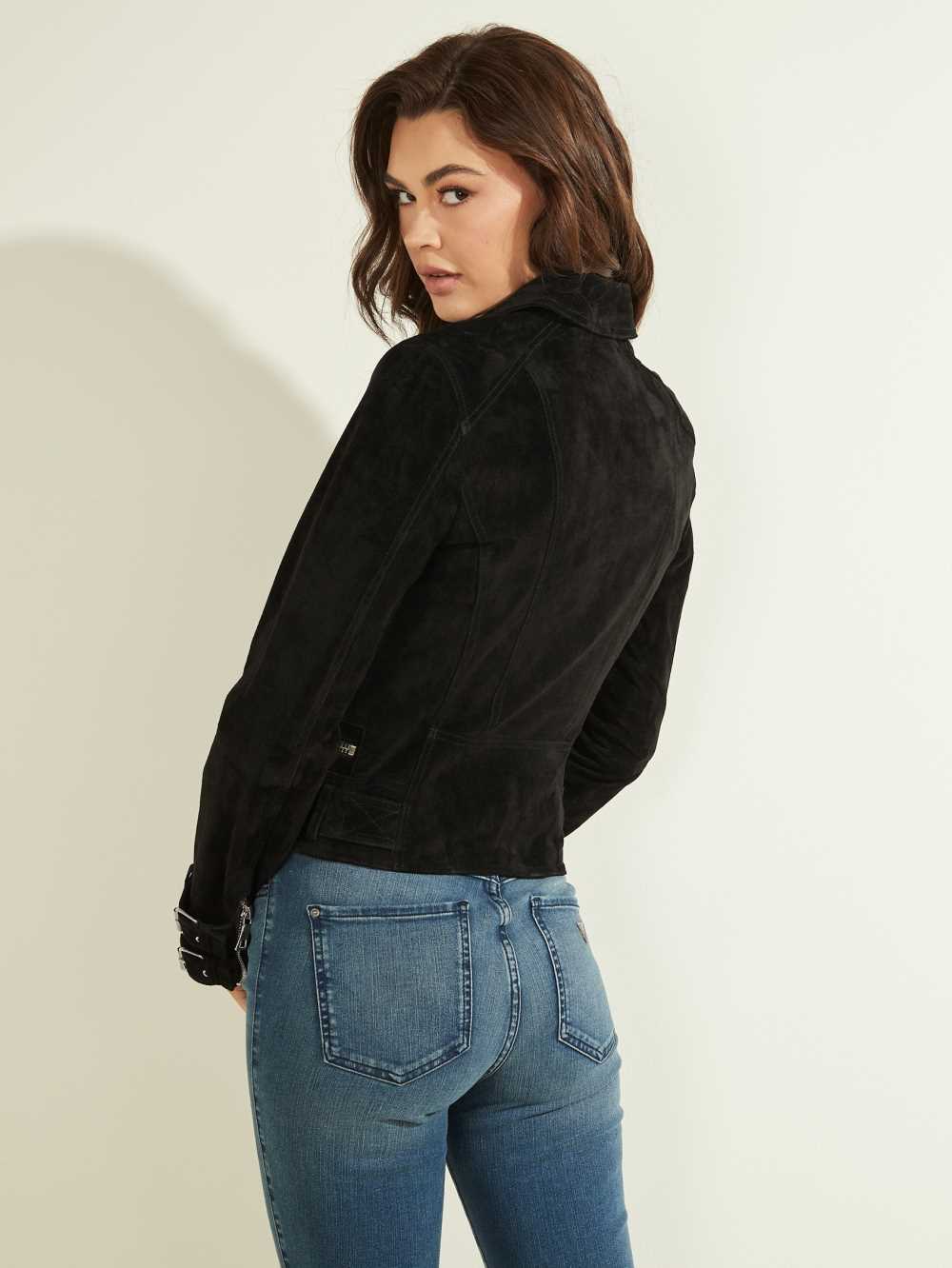 Black Multicolor Women's Guess Olivia Suede Moto Jackets Australia Sale | 056BFSQRW