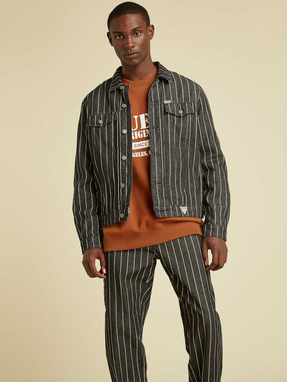 Black Wash Men\'s Guess Originals Pinstripe Denim Jackets Australia Sale | 631IVYCHG