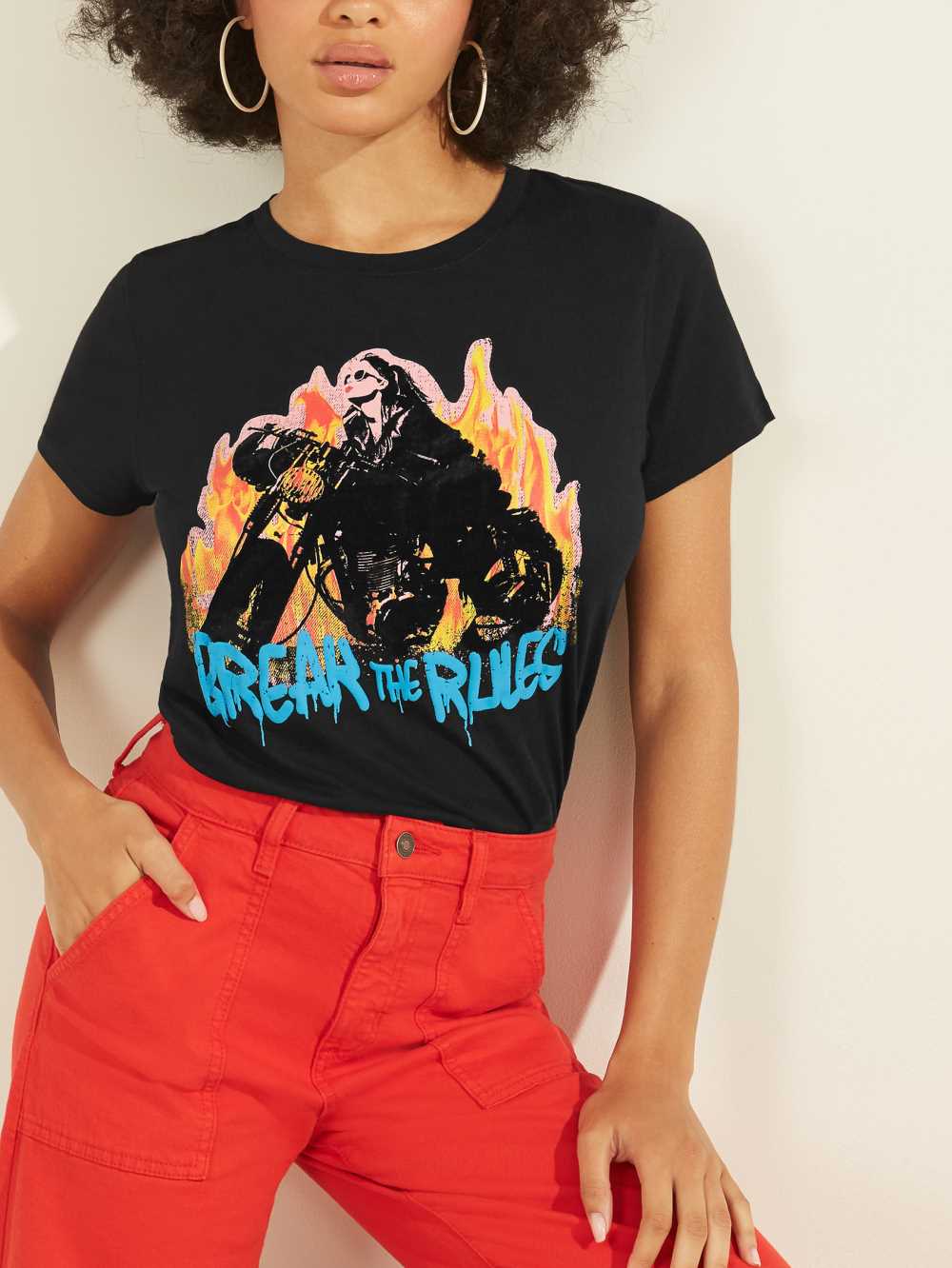 Black Women's Guess Break Rules Graphic T-shirt Australia Sale | 785YMWPRH