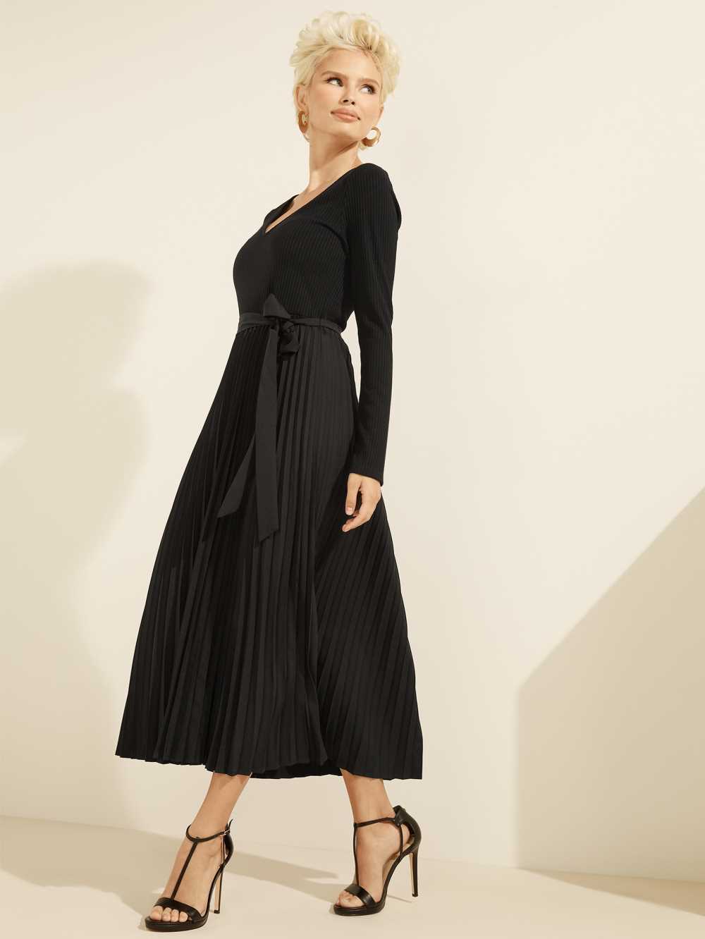 Black Women\'s Guess Eco Erynn Pleated Long-Sleeve Dresses Australia Sale | 486TPZWKG