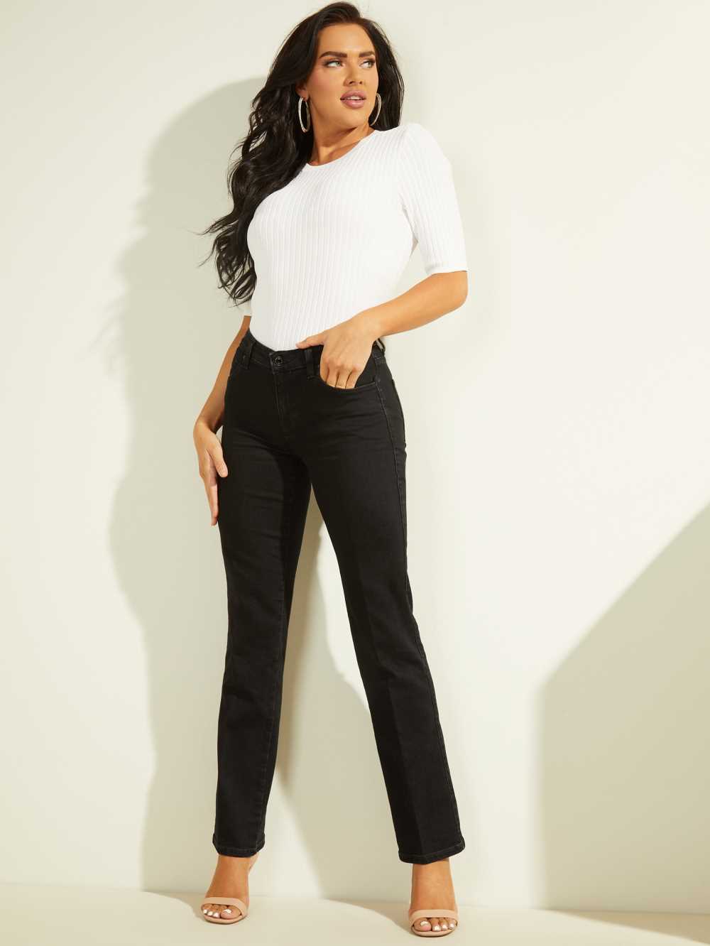 Black Women's Guess Eco Mid-Rise Sexy Straight Leg Jeans Australia Sale | 103ZRVQNJ