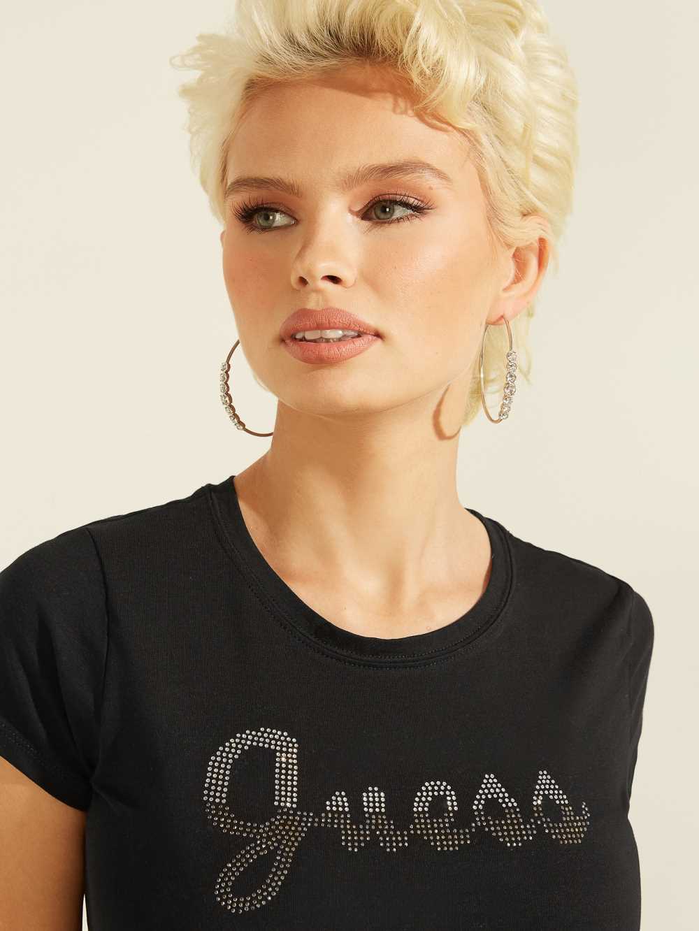 Black Women's Guess Split Script Logo T-shirt Australia Sale | 428XGMZCT