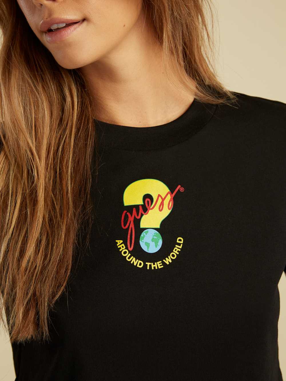 Black Women's Guess Summer Games Crop T-shirt Australia Sale | 594DFKBAO