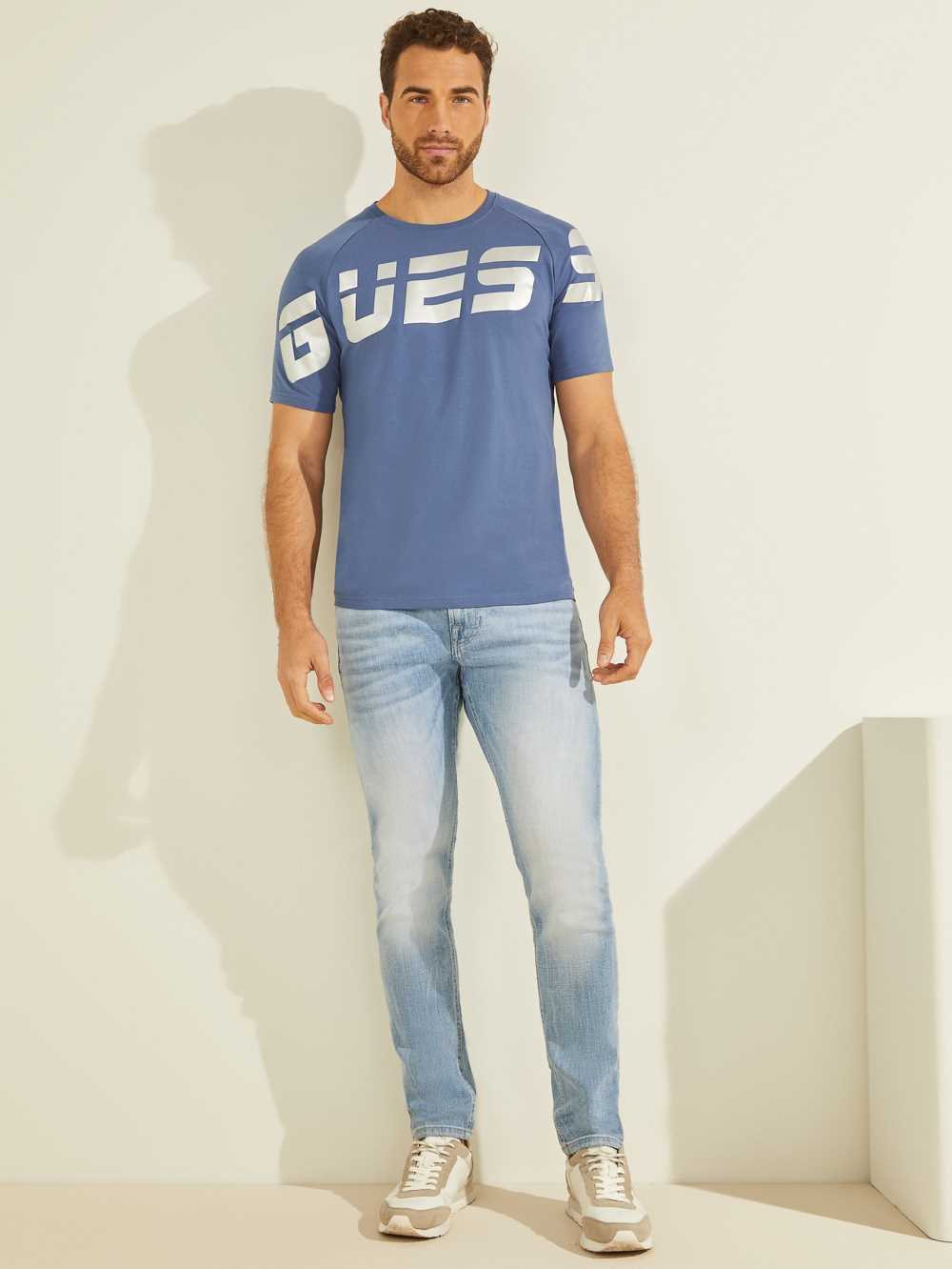 Blue Men's Guess Eco Arden Logo T-shirt Australia Sale | 103MIKTUY
