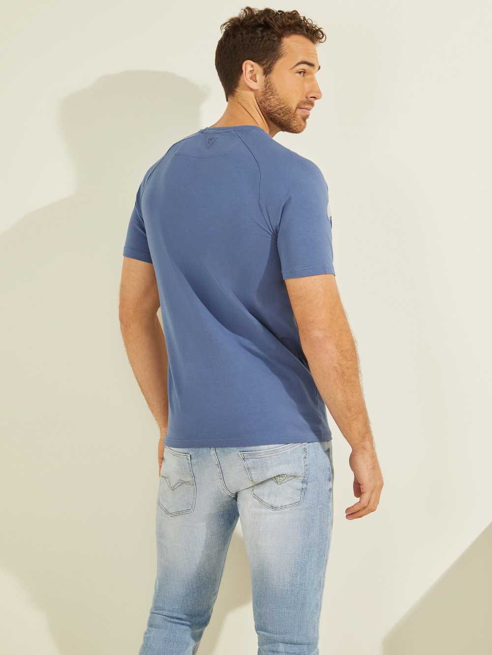 Blue Men's Guess Eco Arden Logo T-shirt Australia Sale | 103MIKTUY