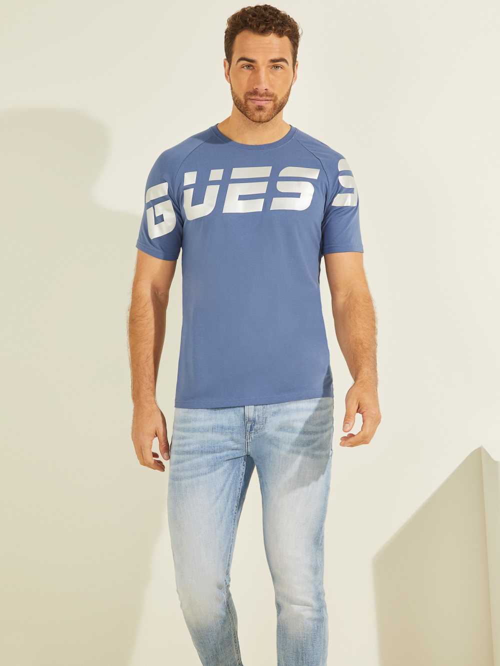 Blue Men\'s Guess Eco Arden Logo T-shirt Australia Sale | 103MIKTUY