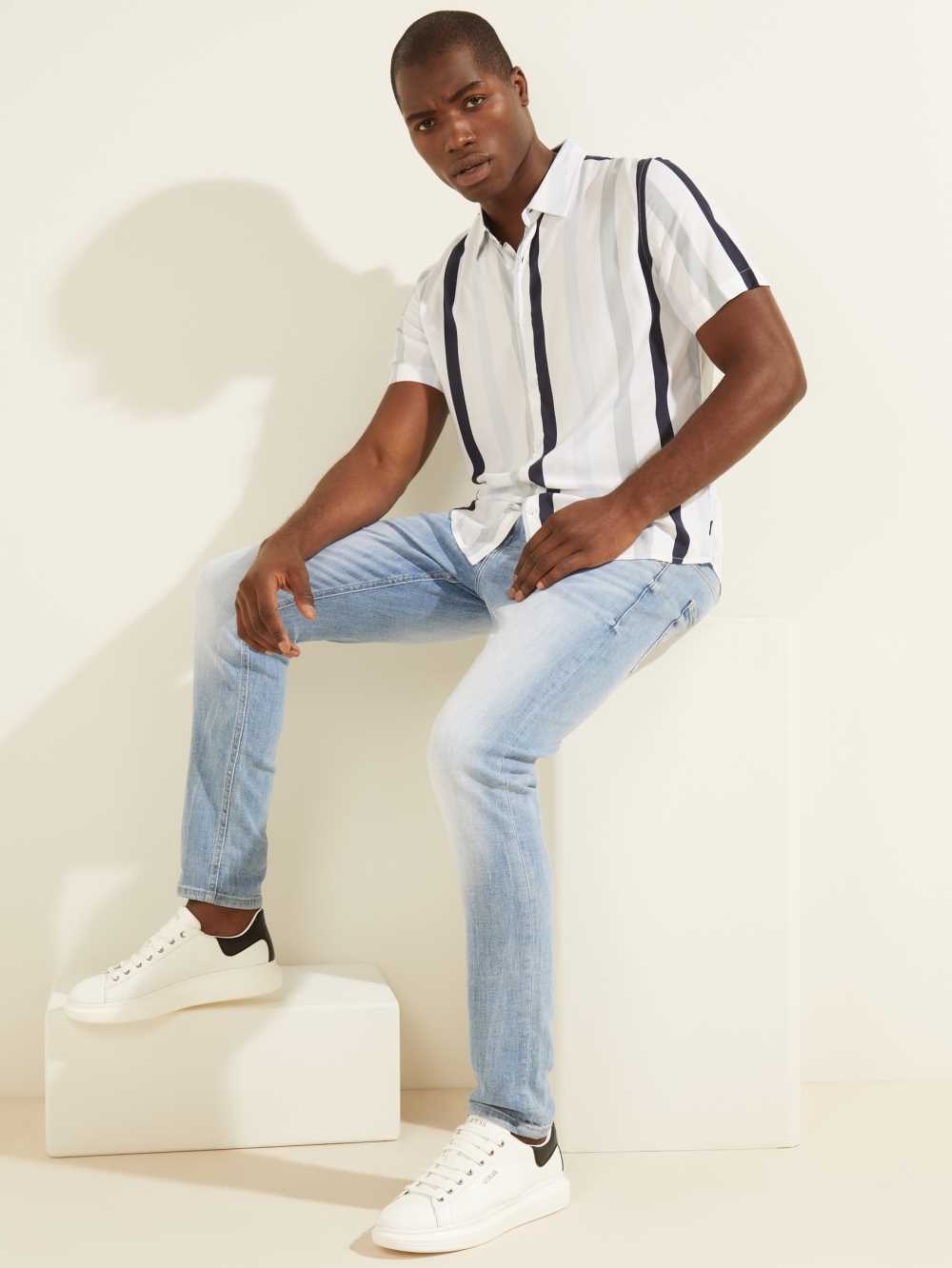 Blue Men's Guess Eco Art Stripe Shirts Australia Sale | 163RBPSMV
