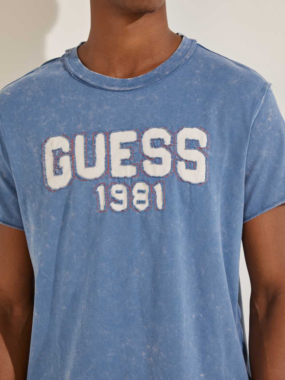 Blue Men's Guess Eco Raw Patchwork Logo T-shirt Australia Sale | 913VUPHWL
