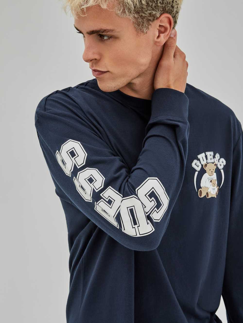 Blue Men's Guess Originals Bear Long-Sleeve T-shirt Australia Sale | 506GHWDAF