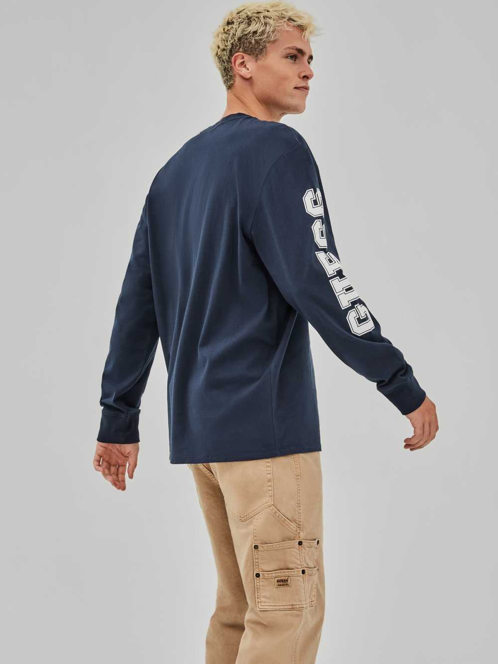 Blue Men's Guess Originals Bear Long-Sleeve T-shirt Australia Sale | 506GHWDAF
