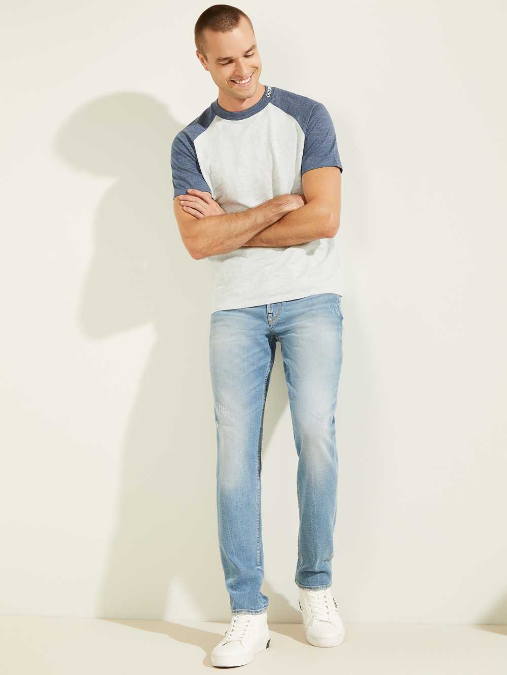 Blue Men's Guess Playa Raglan T-shirt Australia Sale | 954WZBJSN
