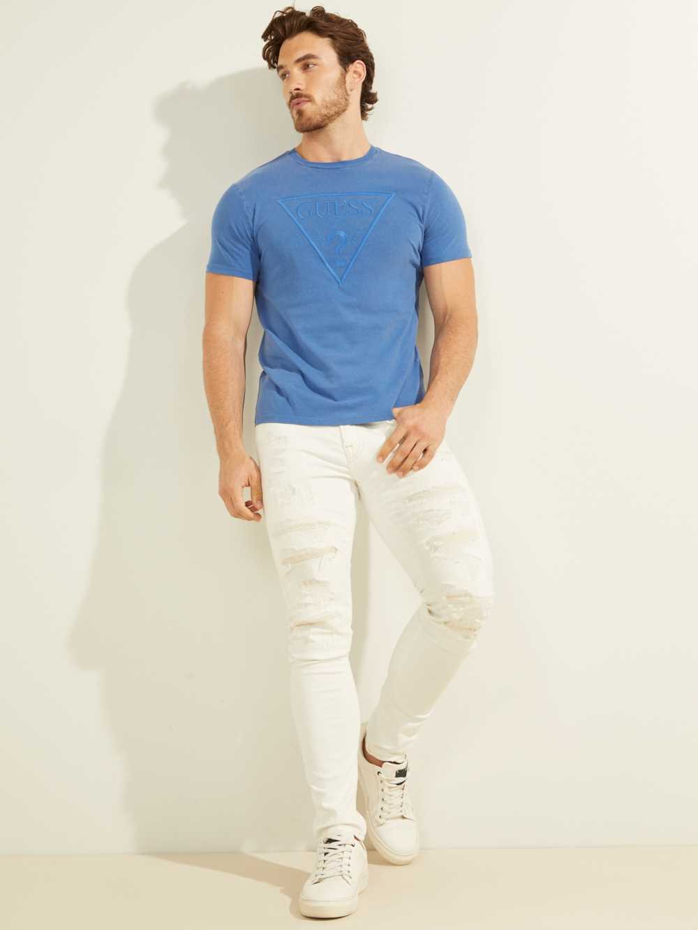 Blue Multicolor Men's Guess Embroidered Logo T-shirt Australia Sale | 160DVSOMW