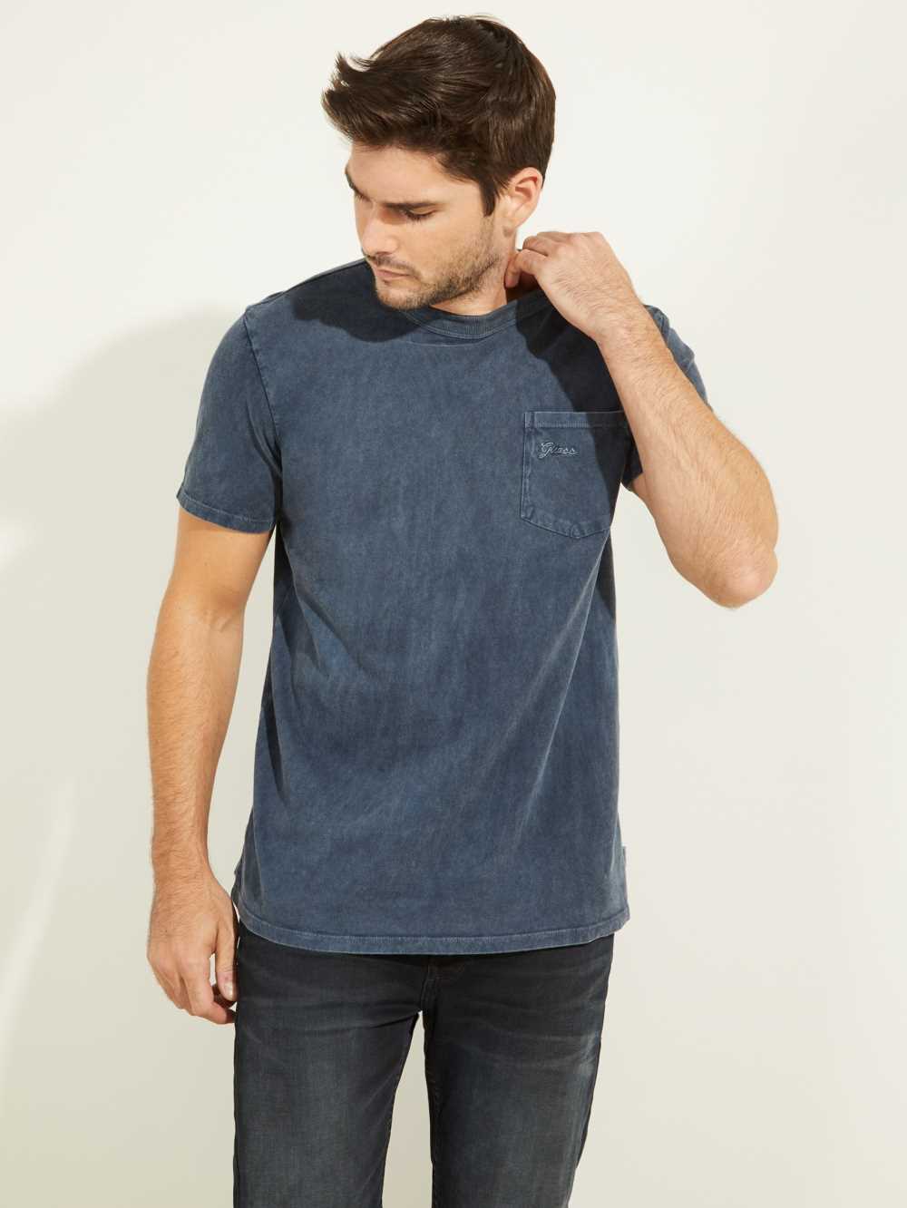 Blue Multicolor Men\'s Guess Sueded Jersey T-shirt Australia Sale | 906EMBILU