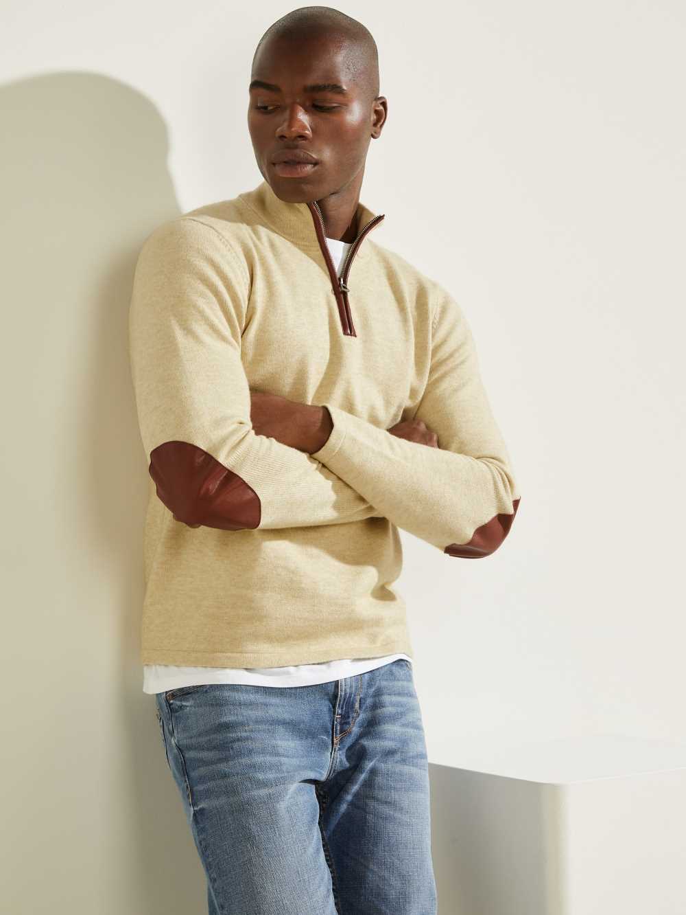 Blue Orange Multicolor Men's Guess Faux-Leather Trim Zip Sweaters Australia Sale | 765HFPMNG