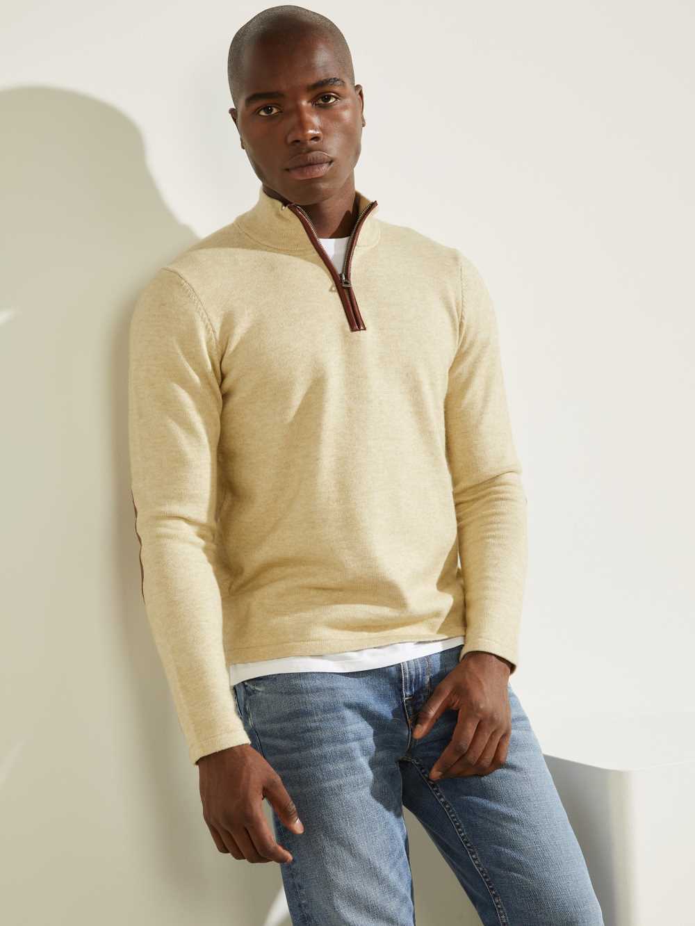 Blue Orange Multicolor Men\'s Guess Faux-Leather Trim Zip Sweaters Australia Sale | 765HFPMNG