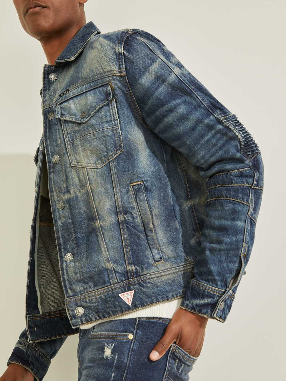 Blue White Men's Guess Eco Denim Moto Jackets Australia Sale | 083VDLYKB
