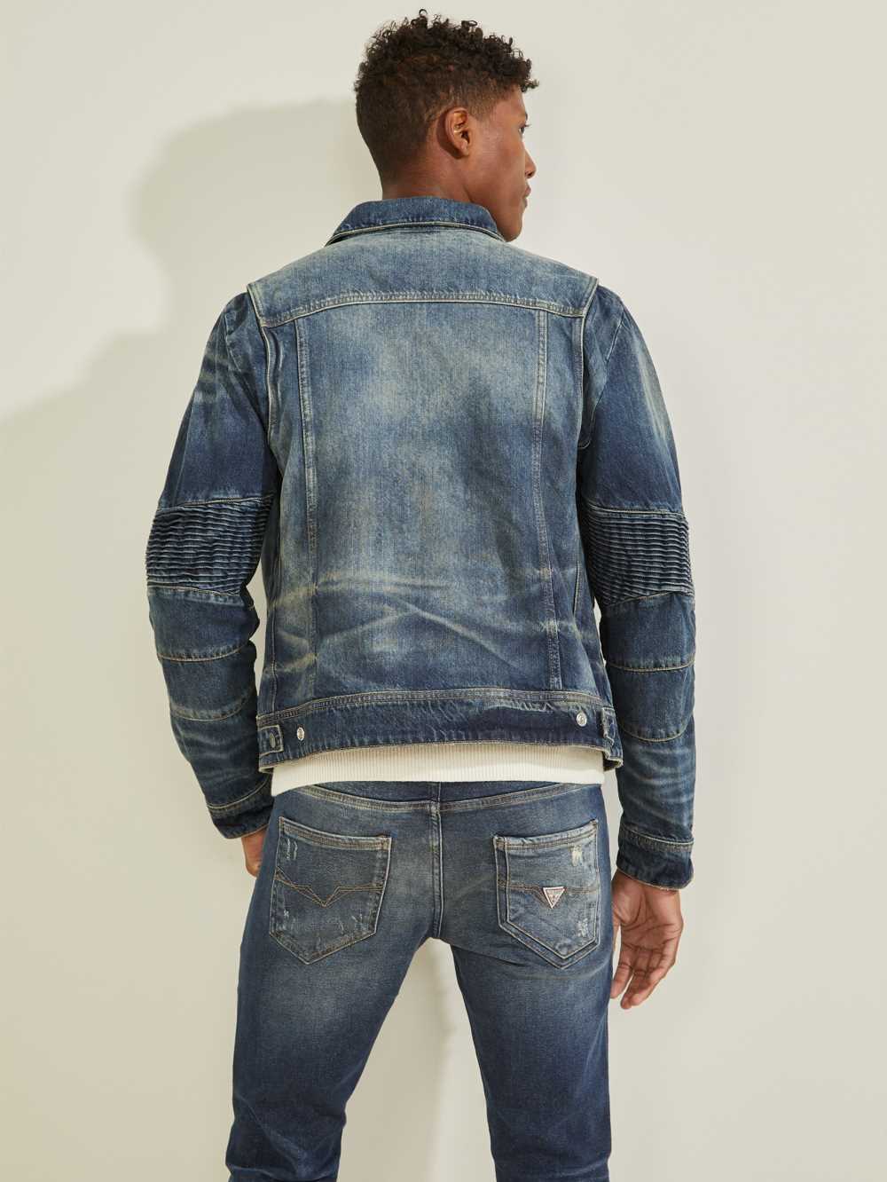 Blue White Men's Guess Eco Denim Moto Jackets Australia Sale | 083VDLYKB