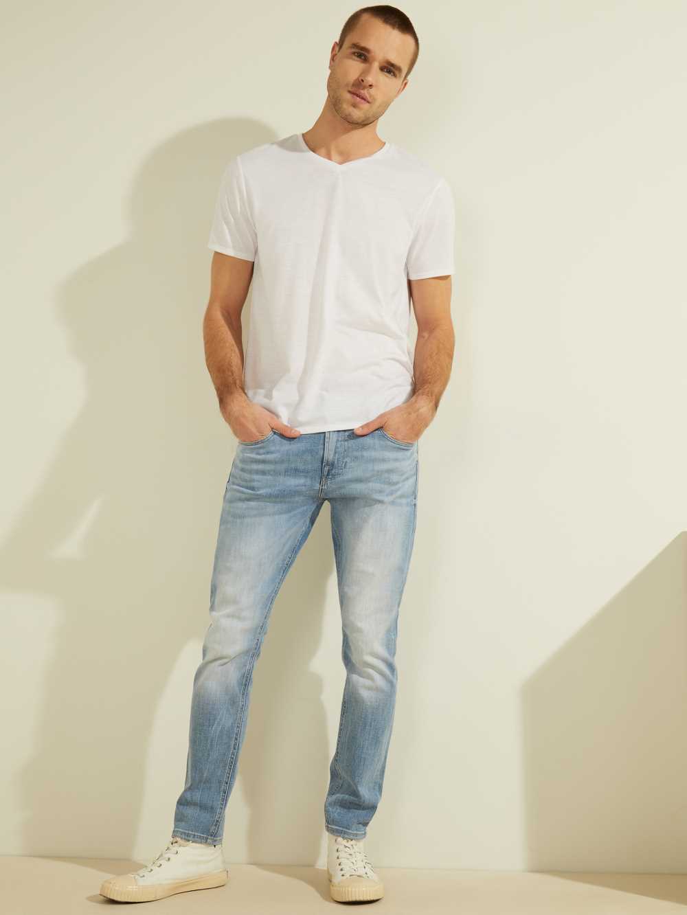 Blue White Men's Guess Eco Faded Skinny Jeans Australia Sale | 691AMJUDW