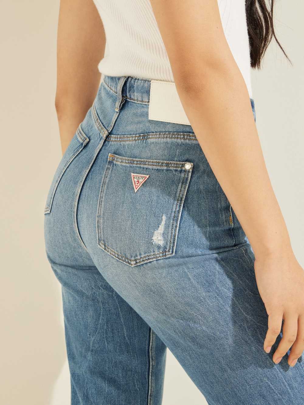 Blue White Women's Guess Distressed Mom Jeans Australia Sale | 368IKDEVX