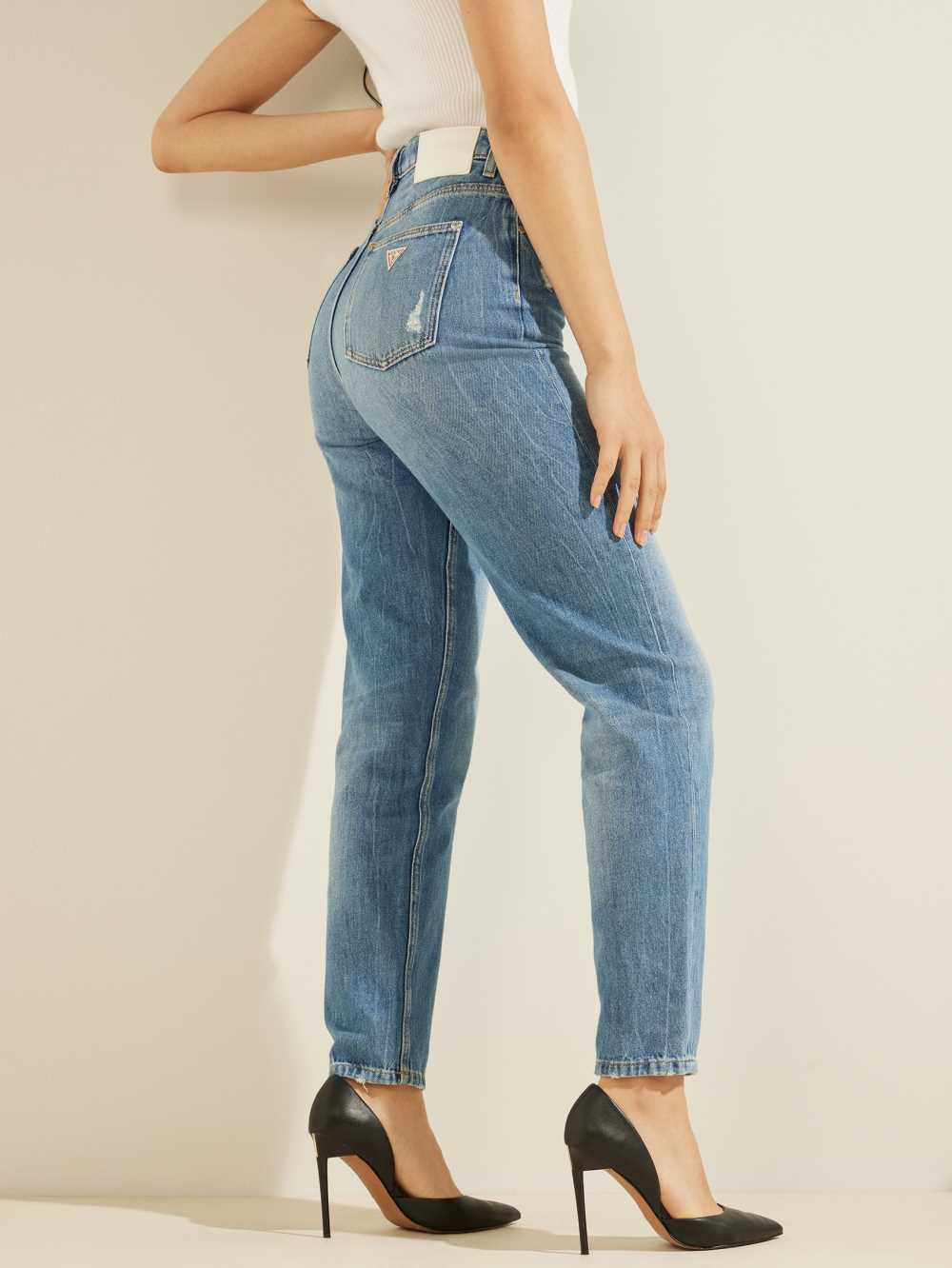 Blue White Women's Guess Distressed Mom Jeans Australia Sale | 368IKDEVX