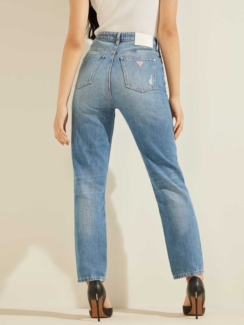 Blue White Women's Guess Distressed Mom Jeans Australia Sale | 368IKDEVX
