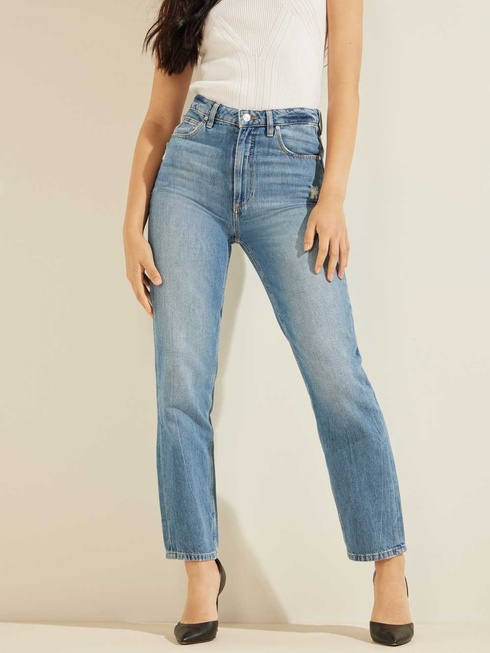Blue White Women\'s Guess Distressed Mom Jeans Australia Sale | 368IKDEVX
