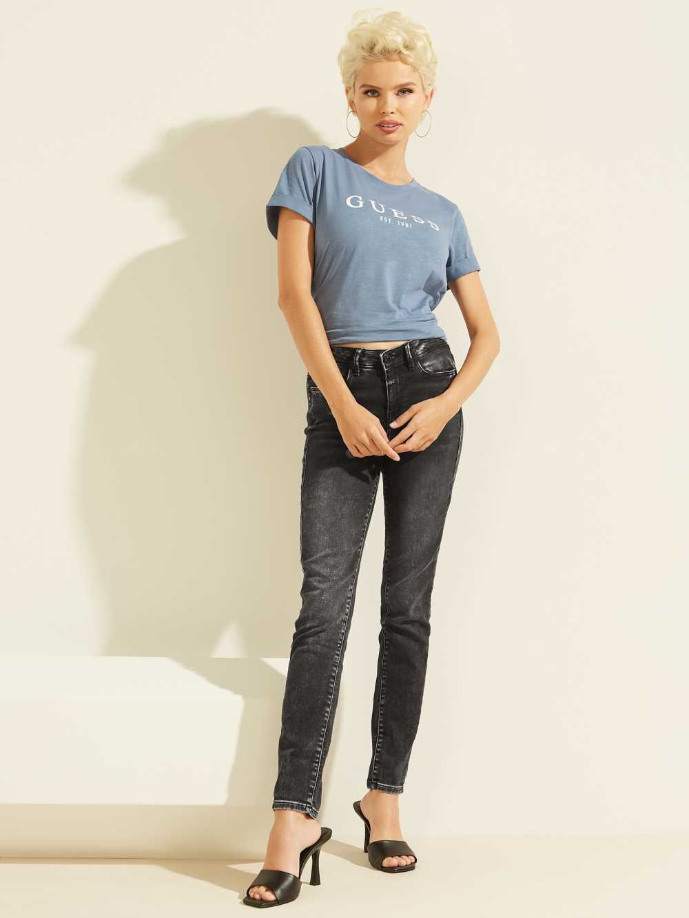 Blue Women's Guess Eco 1981 Rolled Cuff Logo T-shirt Australia Sale | 490GAJFMZ