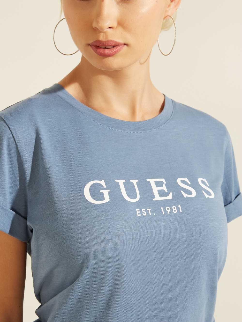 Blue Women's Guess Eco 1981 Rolled Cuff Logo T-shirt Australia Sale | 490GAJFMZ