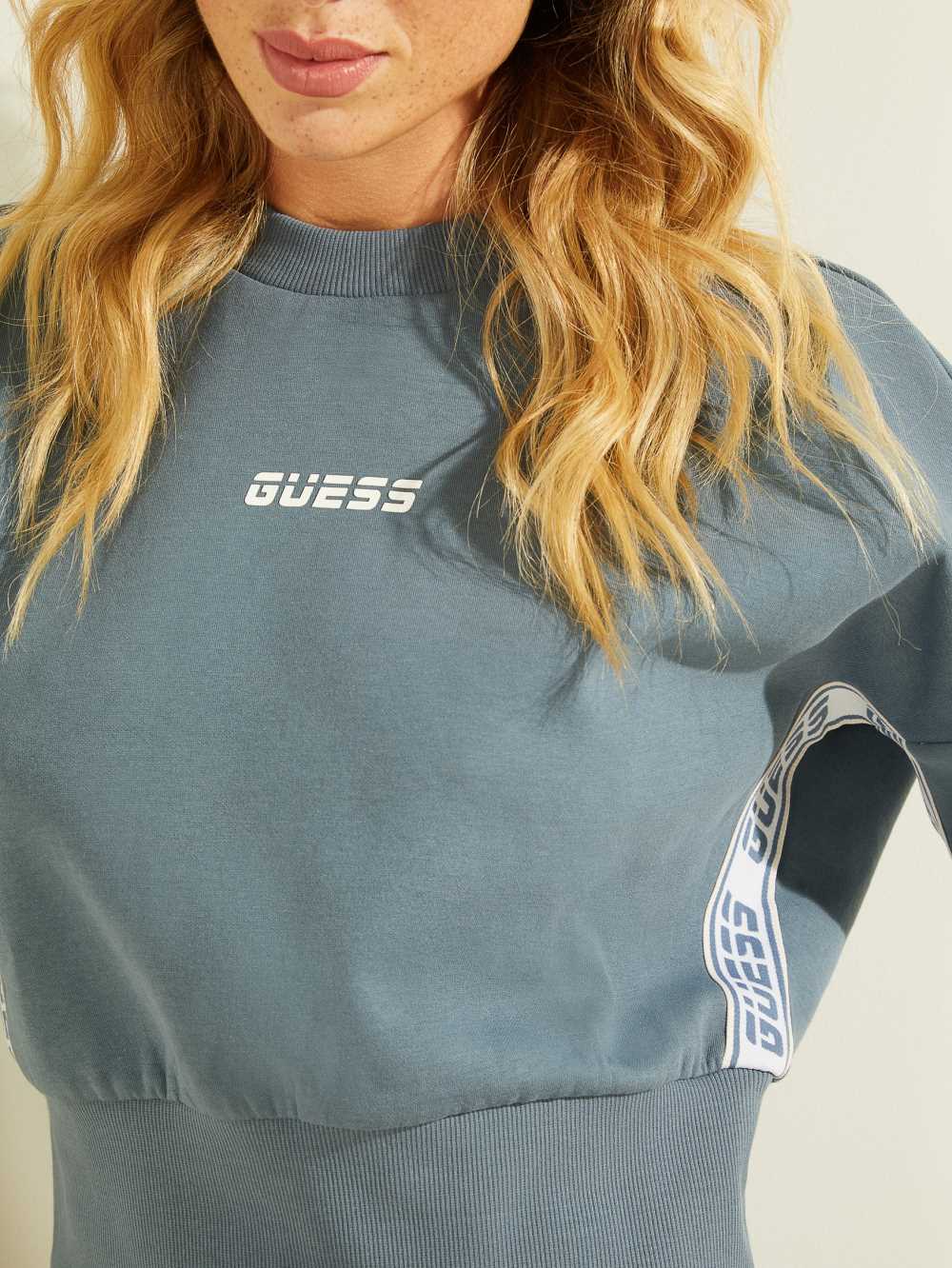 Blue Women's Guess Logo Tape Mock-Neck Sweatshirt Australia Sale | 981NMGHOZ