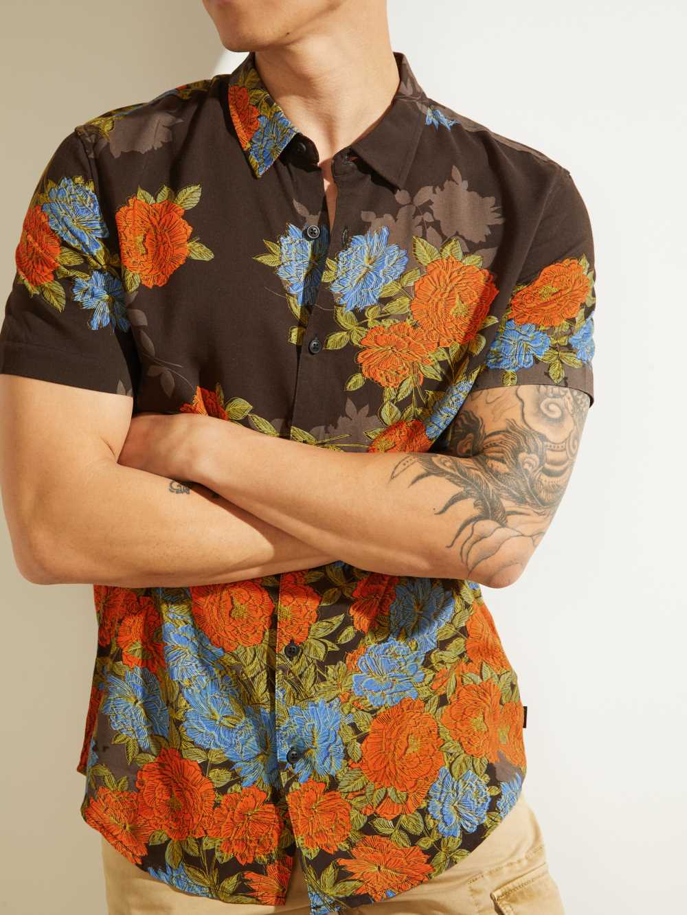 Brown Flower Men's Guess Eco Floral Button-Down Shirts Australia Sale | 907VCKPHS