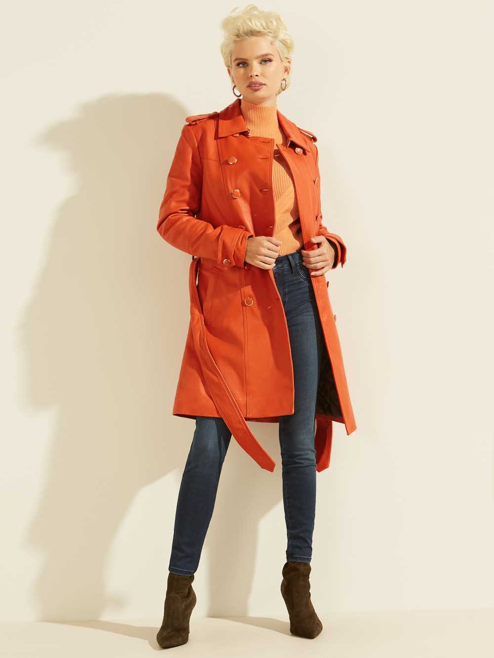 Brown Multicolor Women's Guess Felicia Leather Trench Coats Australia Sale | 750GLAVTF