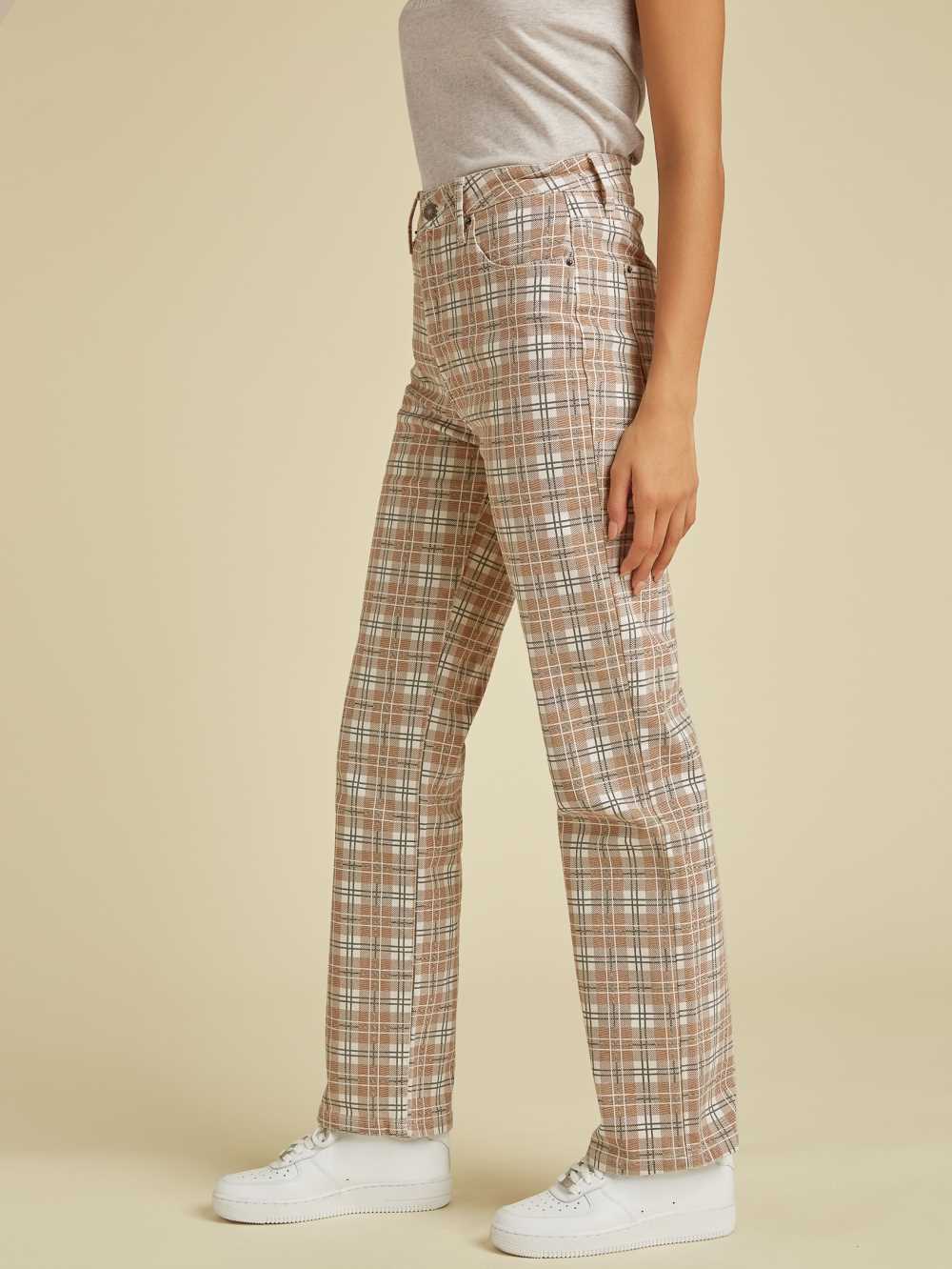 Brown Multicolor Women's Guess Originals Plaid Mom Jeans Australia Sale | 031TYFGIZ