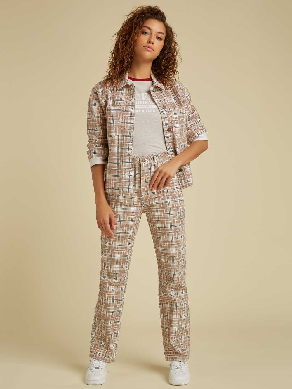 Brown Multicolor Women's Guess Originals Plaid Mom Jeans Australia Sale | 031TYFGIZ