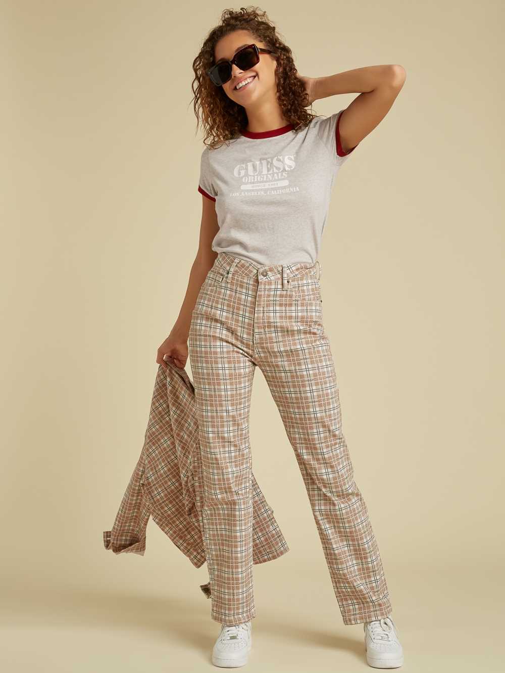 Brown Multicolor Women's Guess Originals Plaid Mom Jeans Australia Sale | 031TYFGIZ