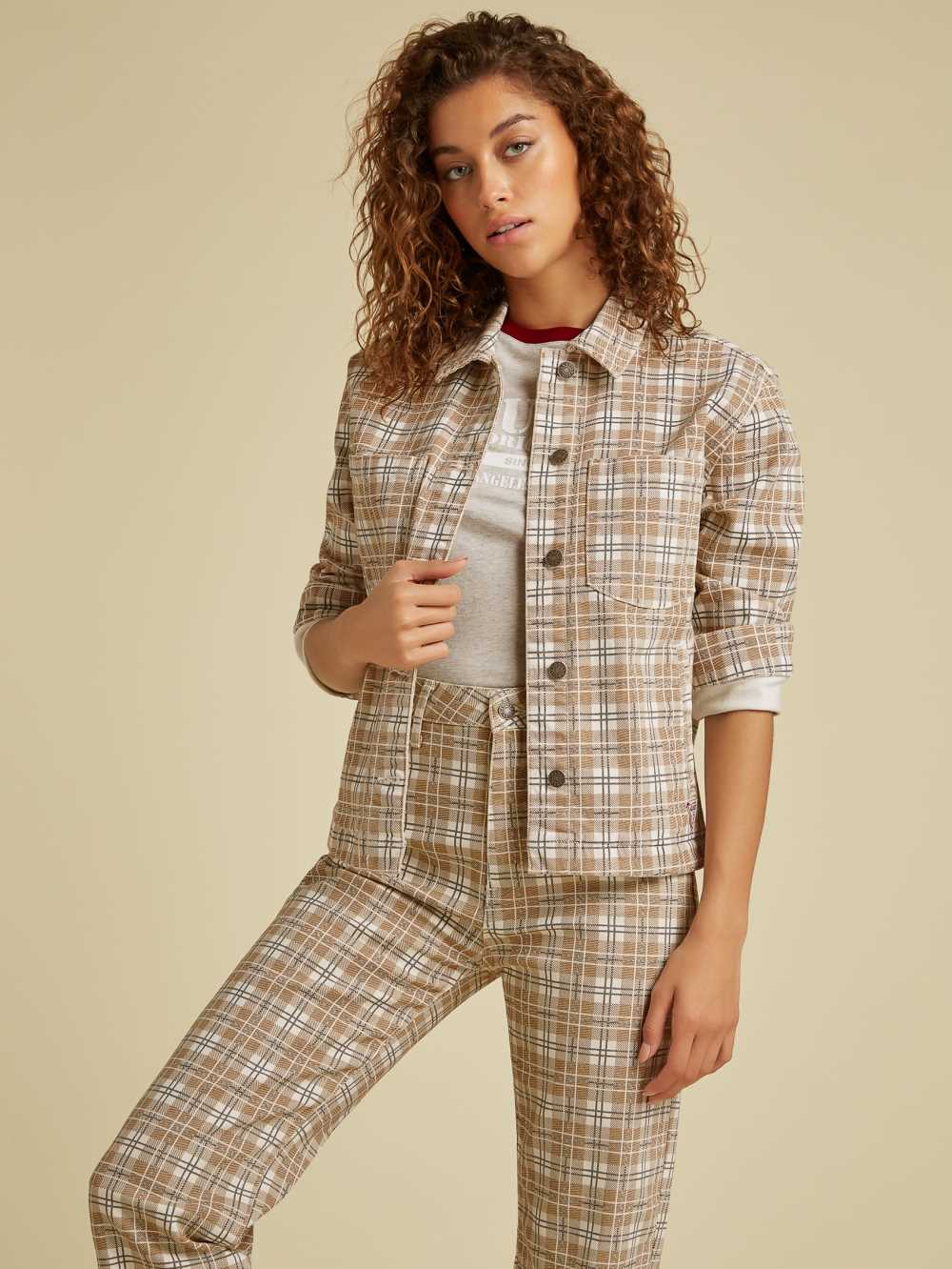 Brown Multicolor Women's Guess Originals Plaid Denim Jackets Australia Sale | 286HZNCUO