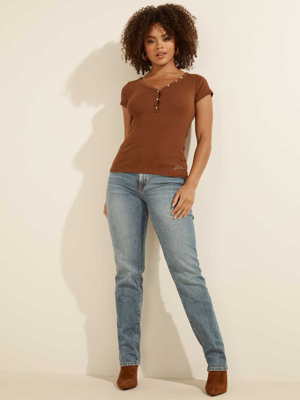 Brown Women's Guess V-Neck Henley T-shirt Australia Sale | 127BFVLDN