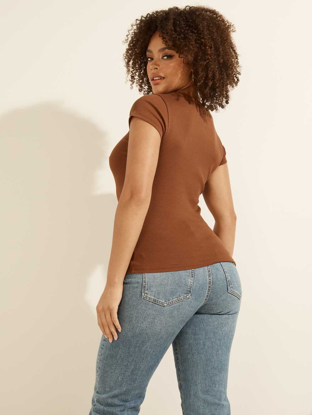 Brown Women's Guess V-Neck Henley T-shirt Australia Sale | 127BFVLDN