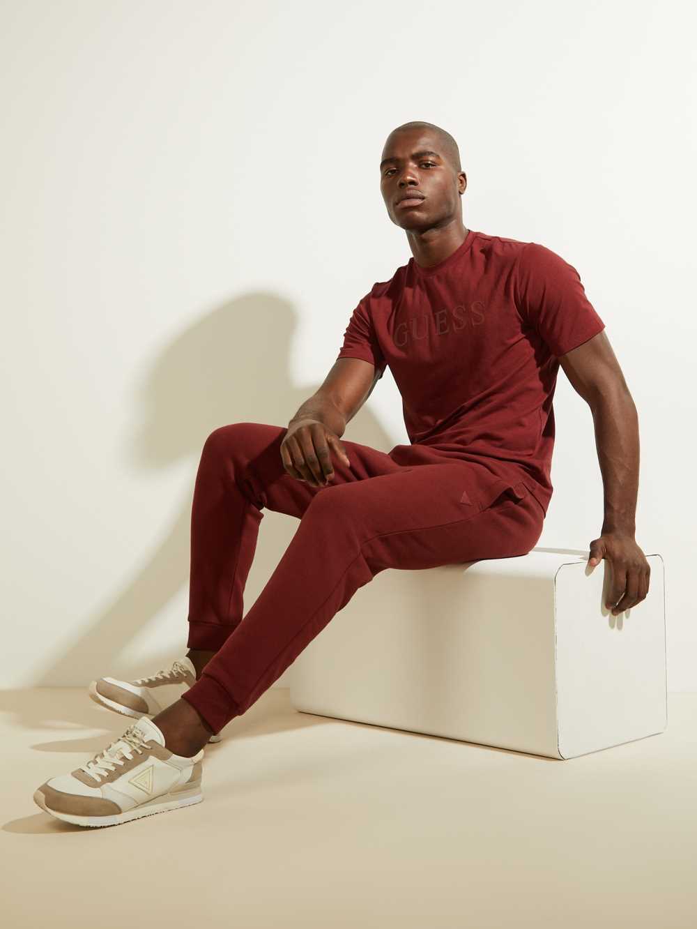 Burgundy Men's Guess Eco Alphy T-shirt Australia Sale | 251HLVZKT