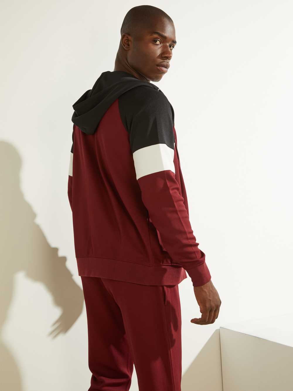 Burgundy Men's Guess Eco Phil Color-Block Zip-Up Hoodie Australia Sale | 961WKLVHU