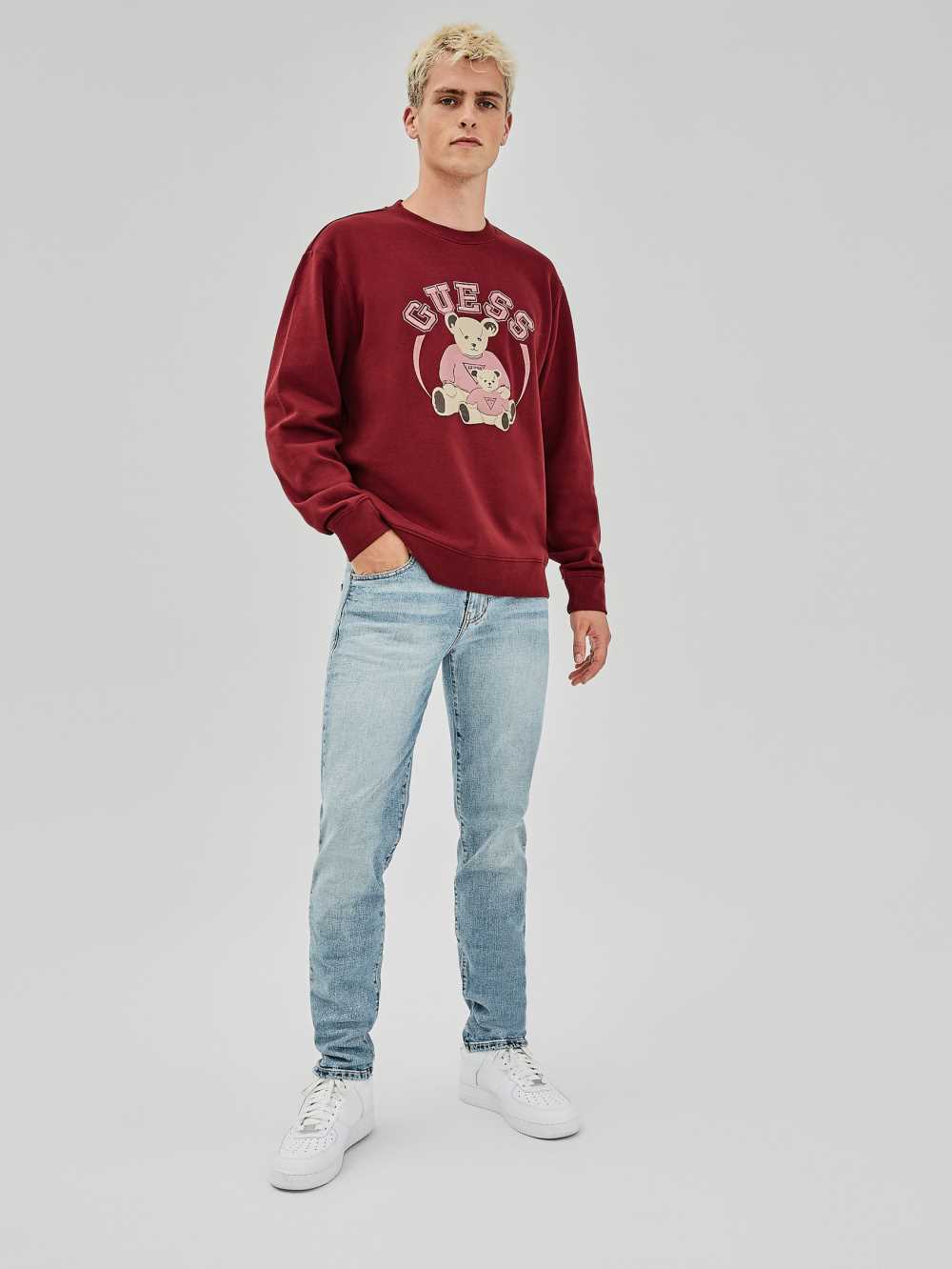 Burgundy Men's Guess Originals Bear Crewneck Sweatshirt Australia Sale | 542LGCPVA
