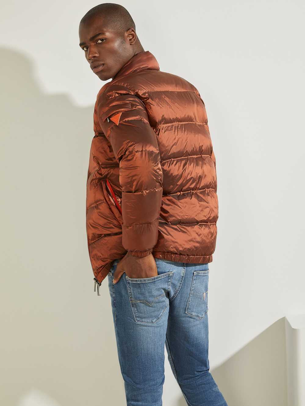 Burgundy Men's Guess Quilted Puffer Jackets Australia Sale | 569OKCYQV