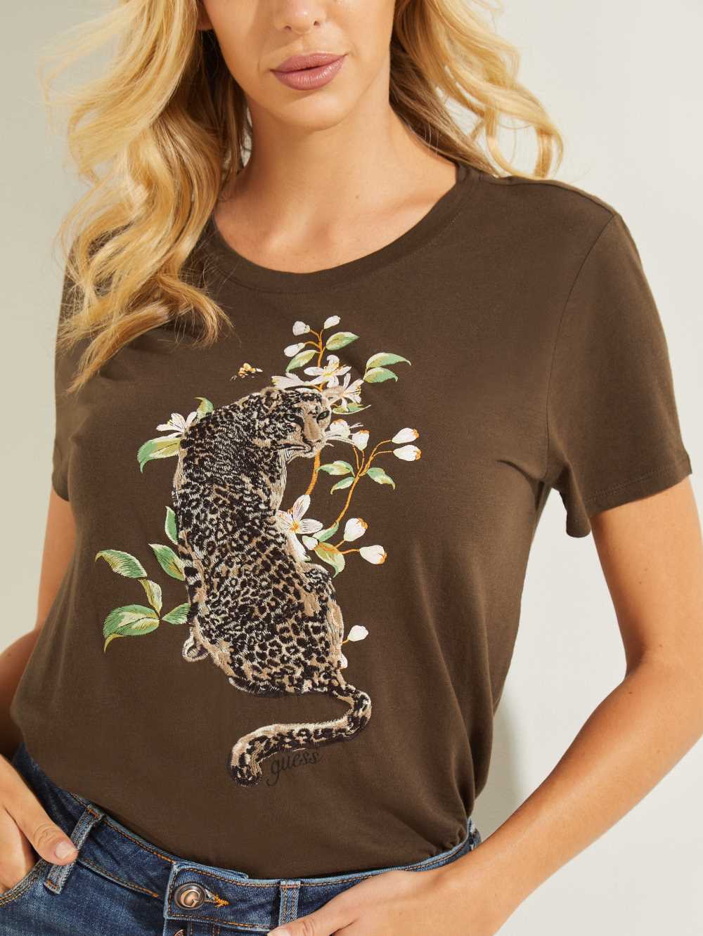 Coffee Women's Guess Cheetah Bloom Easy T-shirt Australia Sale | 081STYGVK