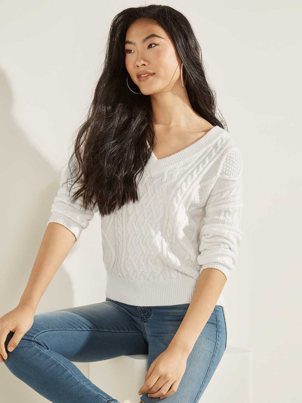 Cream White Women's Guess Noemi Cable Knit Sweaters Australia Sale | 325FSGJMP