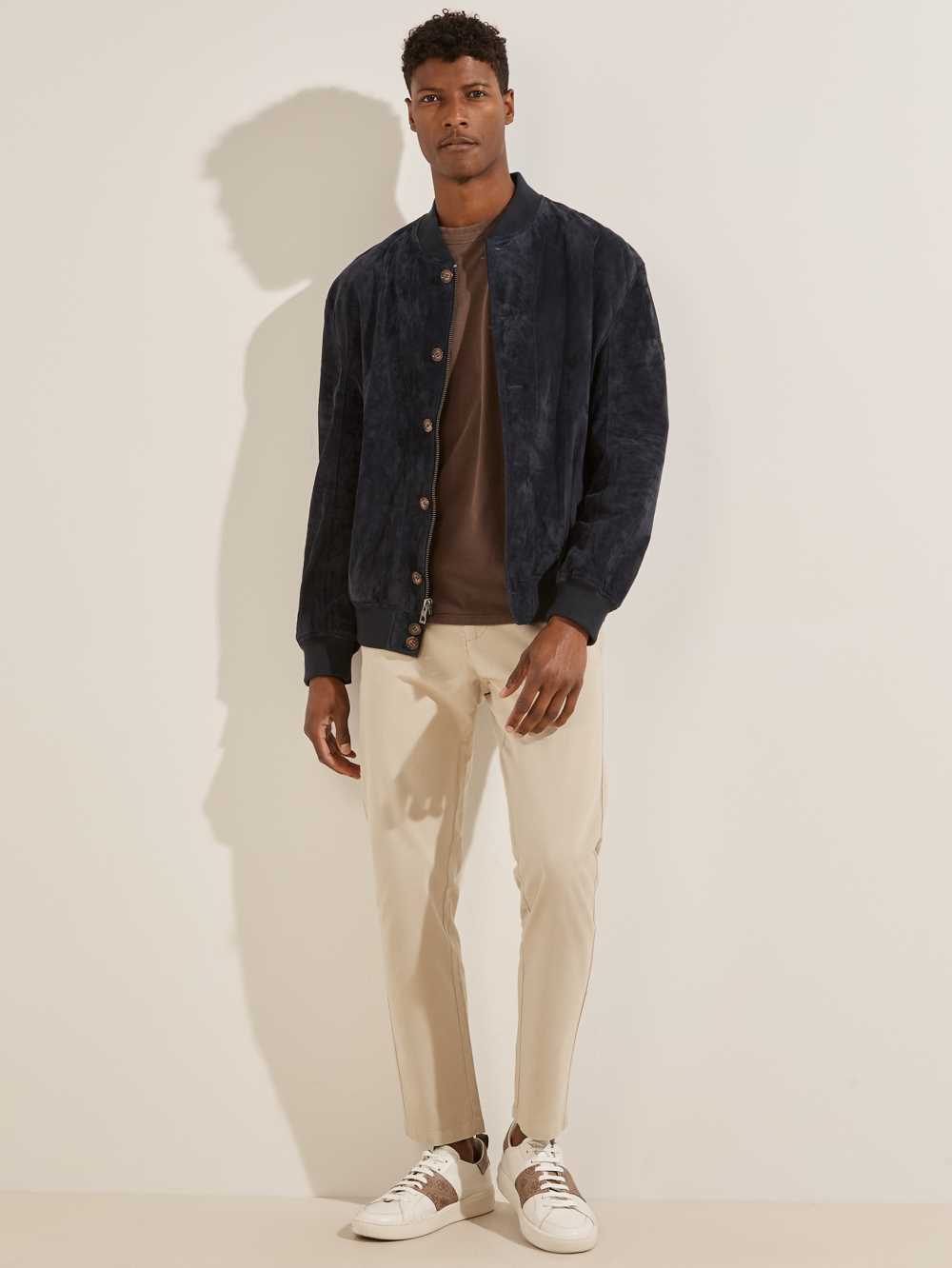 Dark Blue Men's Guess Dust Suede Bomber Jackets Australia Sale | 756XDUOQN