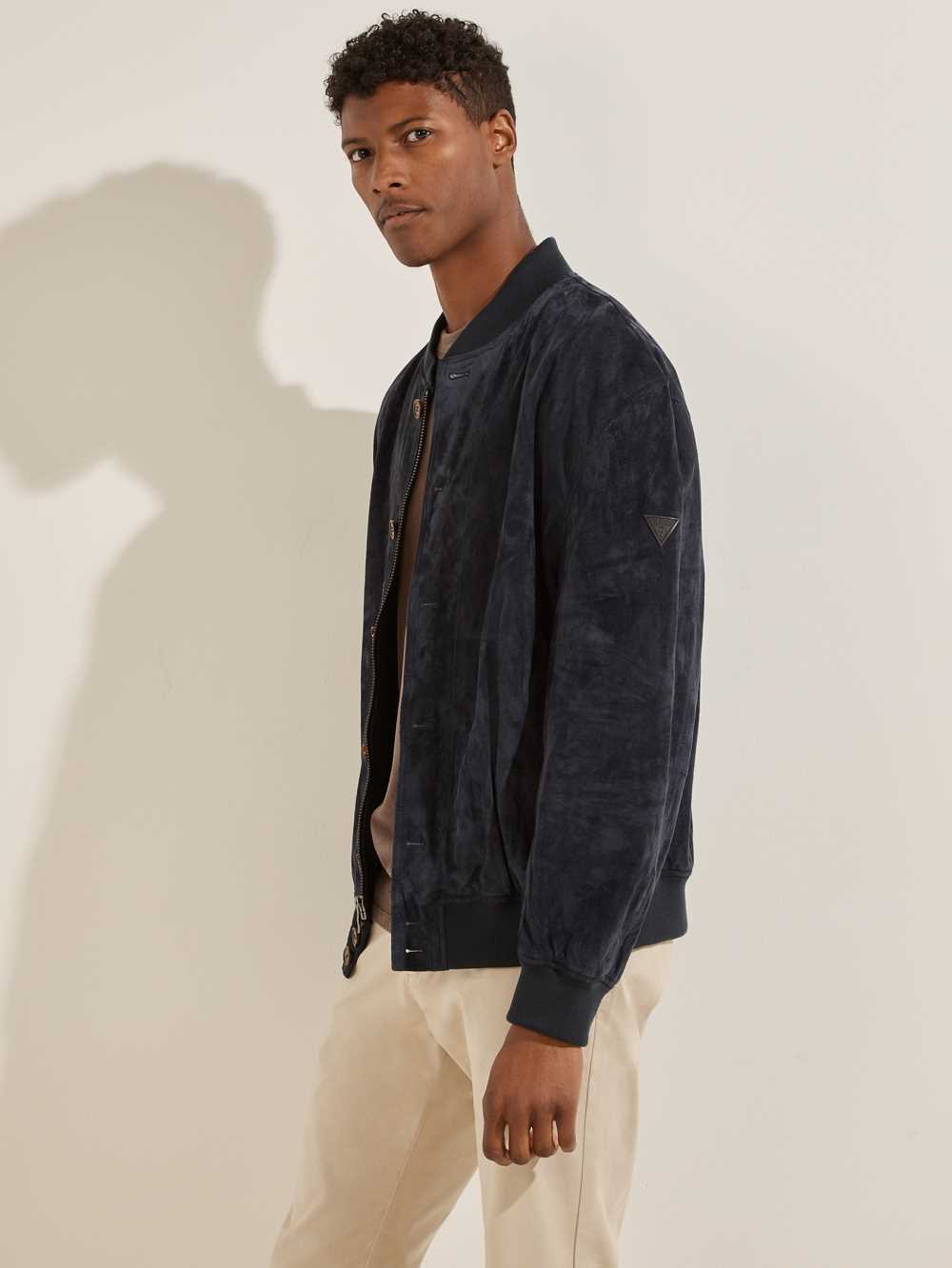 Dark Blue Men's Guess Dust Suede Bomber Jackets Australia Sale | 756XDUOQN