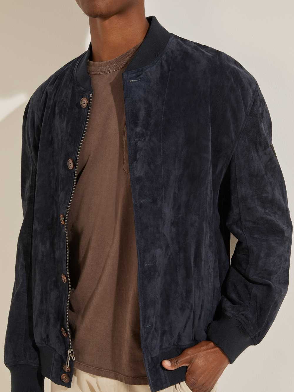 Dark Blue Men's Guess Dust Suede Bomber Jackets Australia Sale | 756XDUOQN