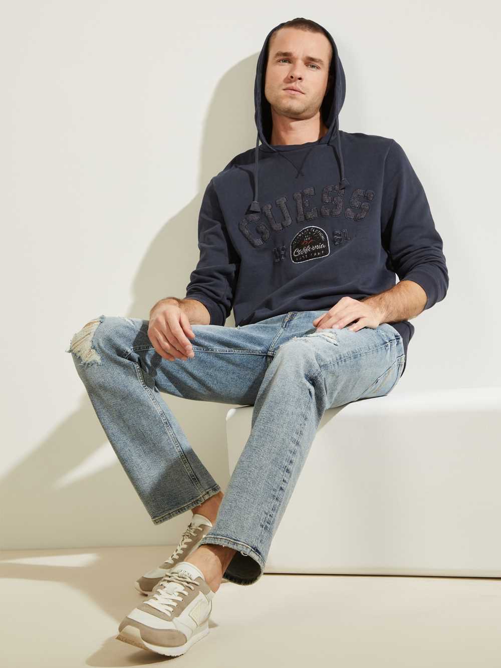 Dark Blue Men's Guess Eco Murray Logo Hoodie Australia Sale | 869WBXNMF