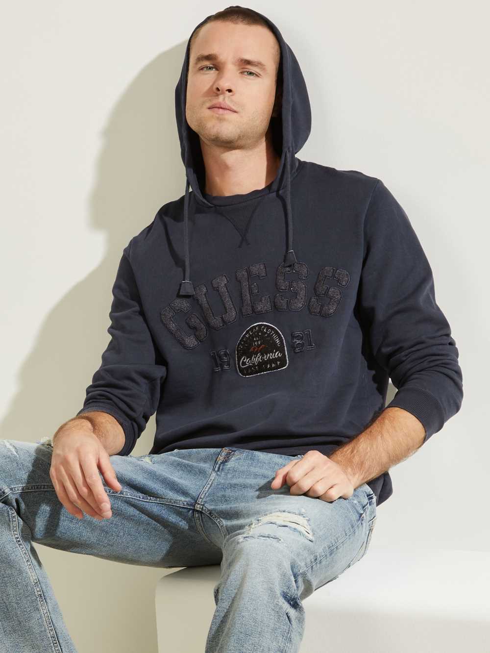 Dark Blue Men's Guess Eco Murray Logo Hoodie Australia Sale | 869WBXNMF