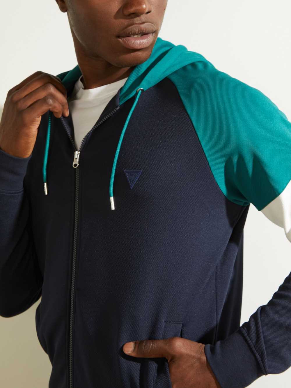 Dark Blue Men's Guess Eco Phil Color-Block Zip-Up Hoodie Australia Sale | 210MGVECT
